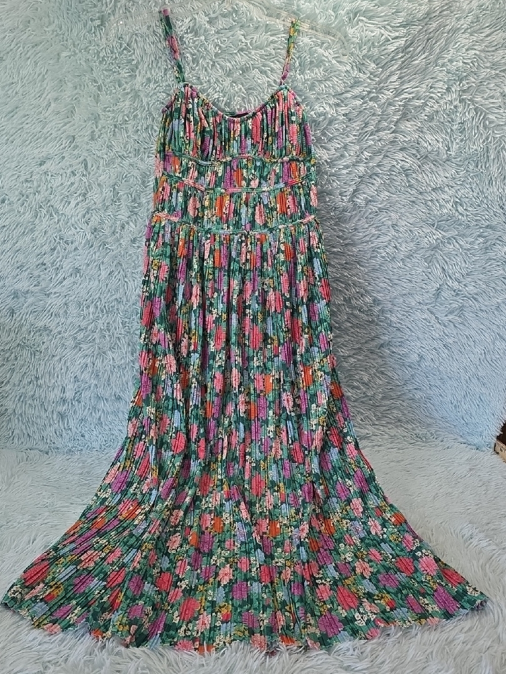 Forever 21 Floral Pleated Maxi Dress Pink Green Boho Cami Strap XS